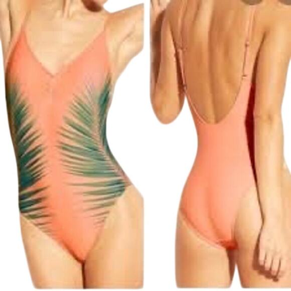 XHILARATION Peach Green Tropical Palm Tree Print One Piece Swimsuit Women's Sz M - Picture 1 of 13
